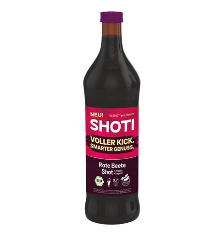 SHOTI bio Červená řepa-Shot (červená řepa fermentovaná, arónie, zázvor), 100% přímo lisovaná šťáva, 0,7 litru