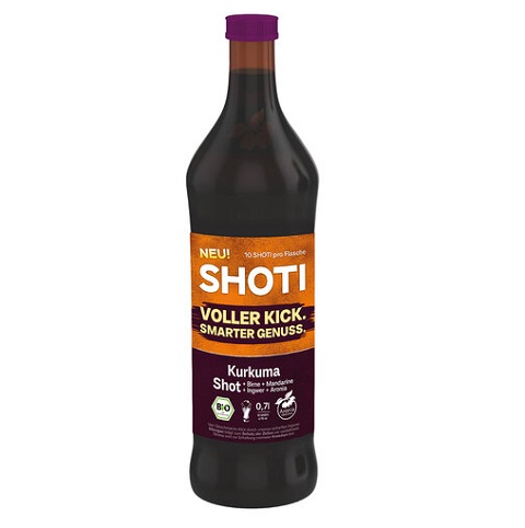 SHOTI bio Kurkuma-Shot (hruška, arónie, zázvor), 100% přímo lisovaná šťáva, 0,7 litru